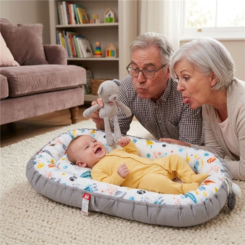 PAPI ET MAMIE JOUANT AVEC BEBE ALLONGE SUR LE REDUCTEUR DE LIT BEBE GALAXY