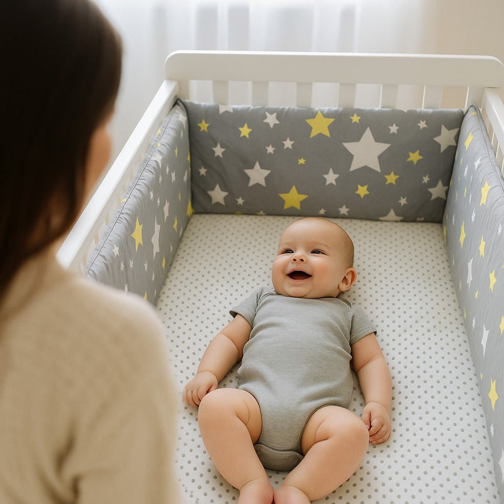 Maman observant son bébé allongé et protégé par un tour de lit Constellation