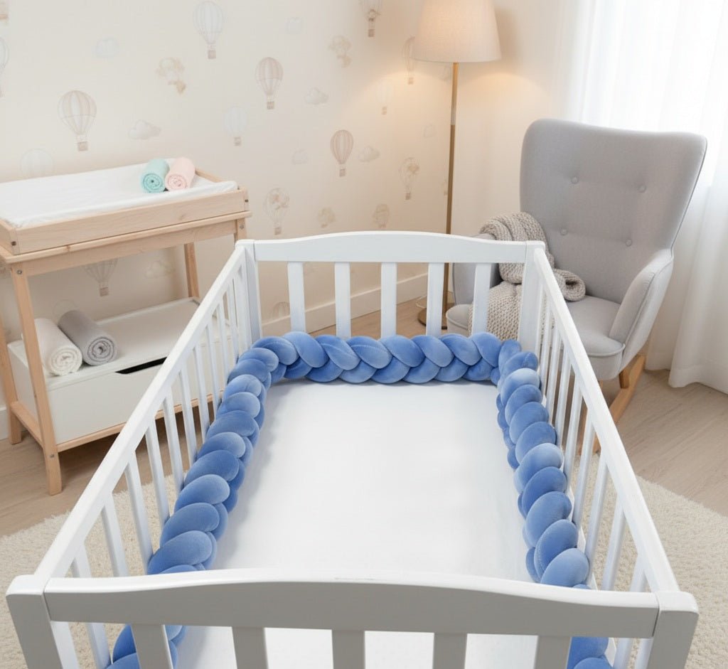 TRESSE DE LIT BEBE BLEU FONCE 3 BRINS DANS UN BERCEAU