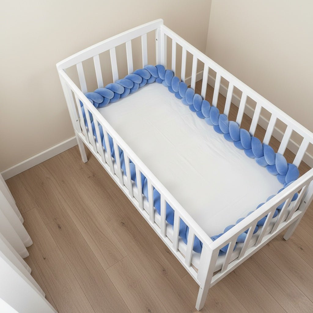 TRESSE DE LIT BEBE BLEU FONCE 3 BRINS DANS UN LIT