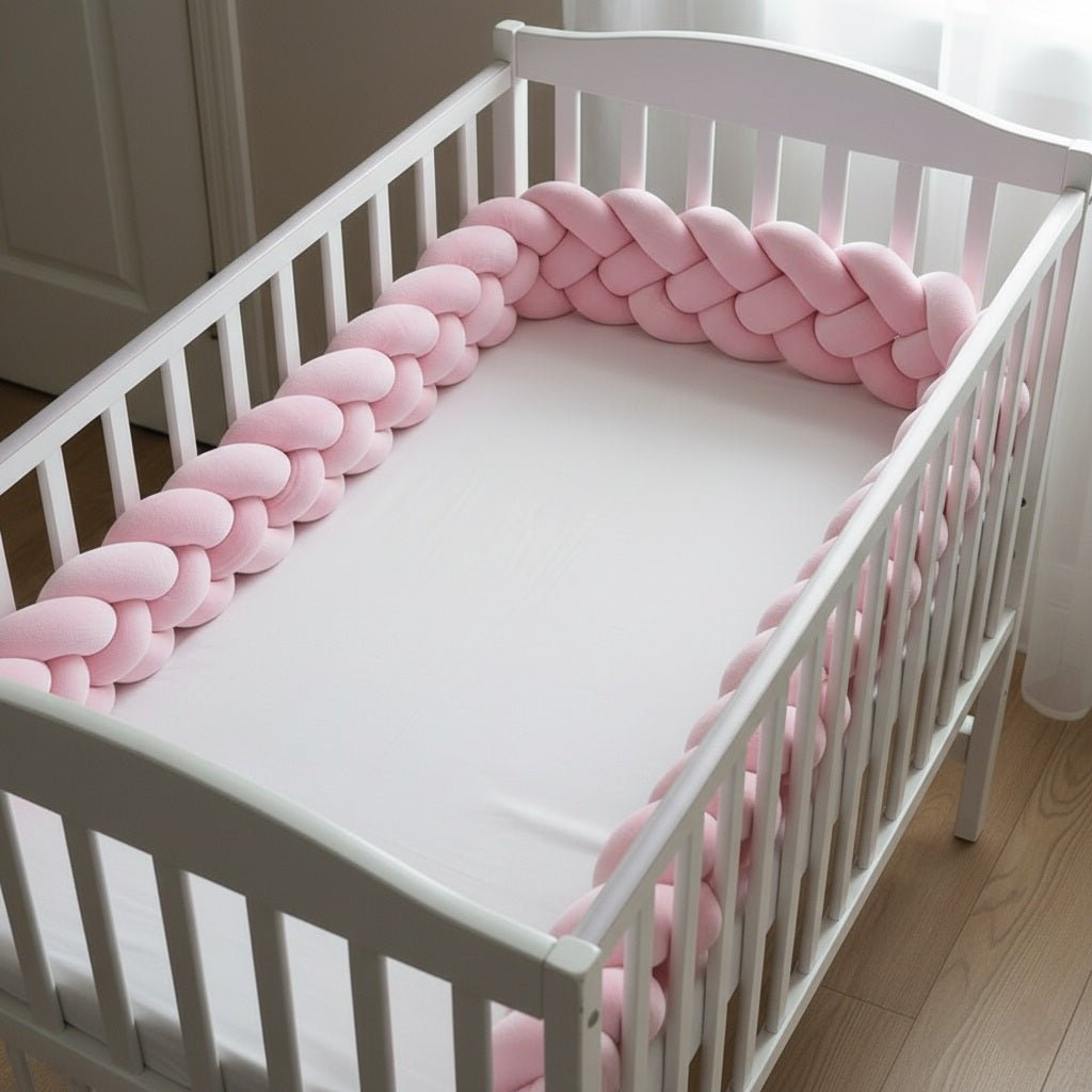 Tresse de lit bébé rose 4 brins dans un berceau