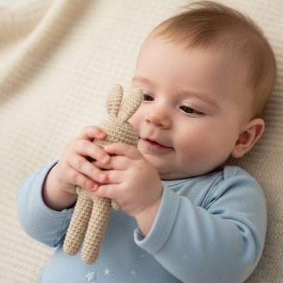Un Bébé jouant avec notre Doudou lapin BunnyRattle™ beige