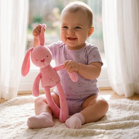 Un bébé jouant avec notre Doudou lapin CuteRabbit™ rose