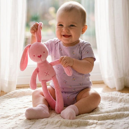 Un bébé jouant avec notre Doudou lapin CuteRabbit™ rose
