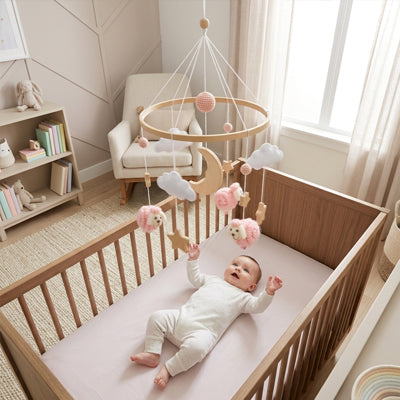 Un bébé jouant avec notre mobile pour bébé Étoiles Mouton