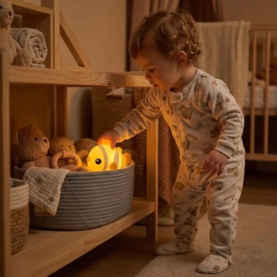 Un Bébé jouant avec notre Veilleuse bébé Poisson Tactile rechargeable