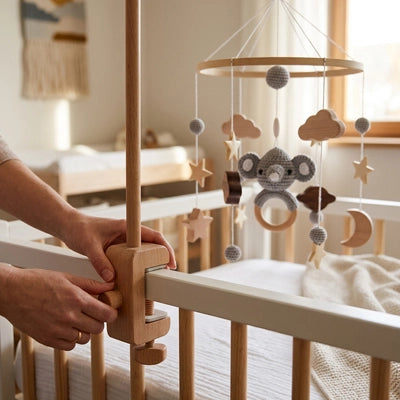 Un parent ajustant notre Mobile lit bébé TinyCosmos™ Éléphant
