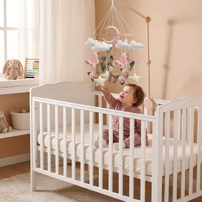Une bébé fille jouant avec notre mobile bébé aide au sommeil