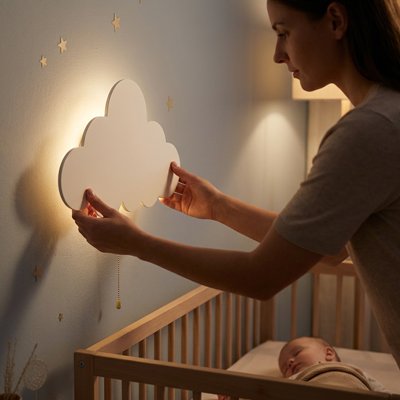 Une maman ajustant notre veilleuse murale au chevet de bébé